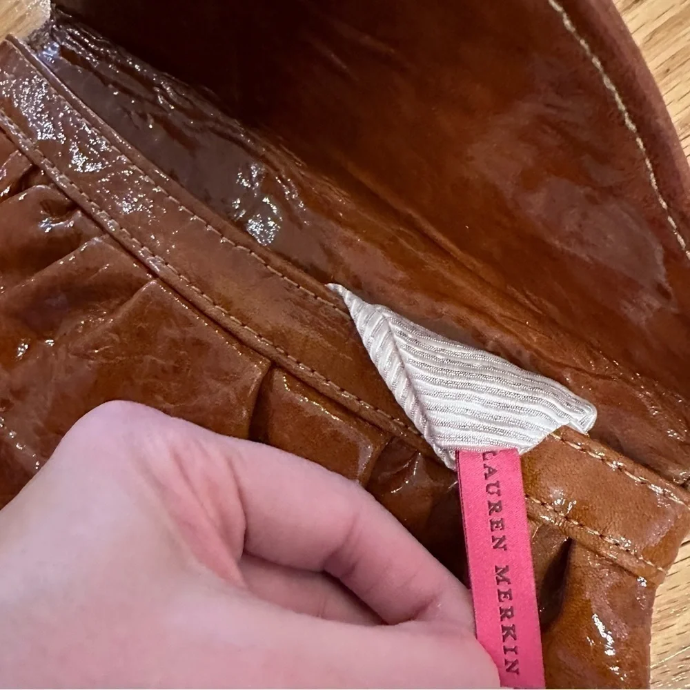 Lauren Merkin Caramel Cognac Brown Clutch Purse Envelope Closure Shiny Chic